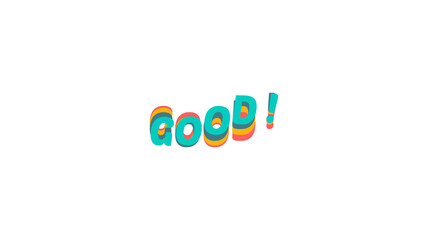 Creative 3D text image of the word GOOD! with a colorful retro wave effect. Funky and vibrant typography illustration for design projects. Isolated image with a transparent background.