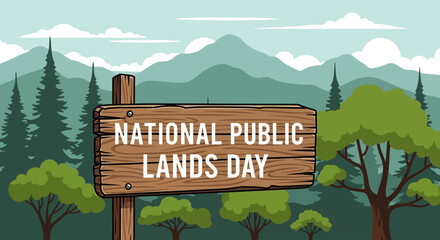 Illustration celebrating National Public Lands Day, featuring a wooden sign amidst a forest landscape.
