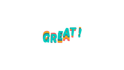 Colorful GREAT! word text with wave distortion and 3D effect. Modern typography design for overlay. Isolated image on a transparent background for easy use in various projects.