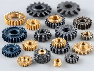 An assortment of small metal gears of different sizes and finishes are arranged on a light gray surface.