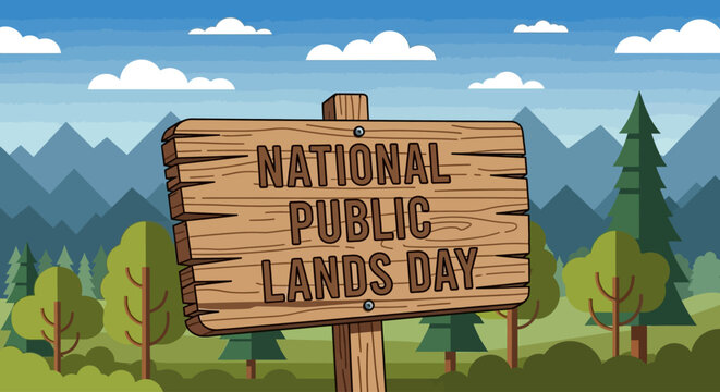 Wooden sign celebrating National Public Lands Day, set against a scenic forest and mountain backdrop.