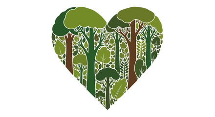 A vibrant heart shape formed by a diverse collection of lush green trees and foliage, symbolizing love for nature and environmental preservation.