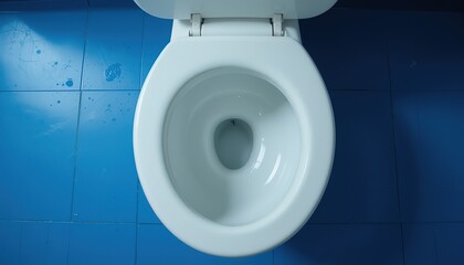 Minimalist Top View of a Modern Toilet on Blue Tiles