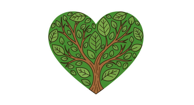 Illustration of a tree with green leaves forming the shape of a heart, symbolizing nature, love, and growth.