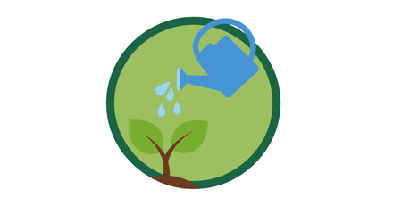 A stylized illustration of a blue watering can pouring water onto a growing plant, within a green circle.
