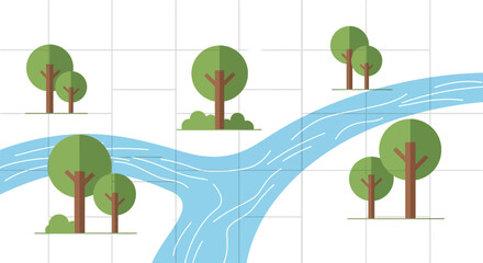 Stylized illustration depicts a river winding through a landscape with trees.