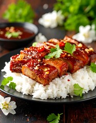 Pork with rice, garnished with herbs and sauce