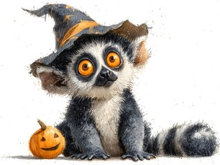 Fototapeta premium A whical lemur dons a Halloween witch hat while sitting next to a small carved pumpkin illustration.