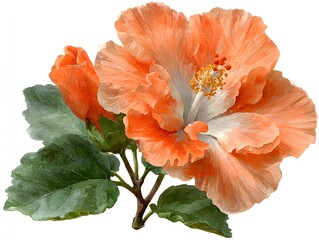 A beautiful watercolor illustration of an orange hibiscus flower with a bud and green leaves blossoms gorgeously.