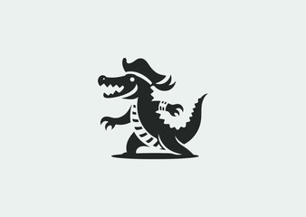A simple minimalist crocodile in pirate outfit silhouette style logo, symbolizing adventure, danger, and bold exploration