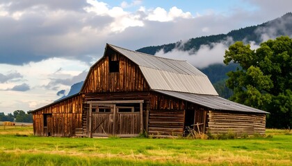 Obraz premium Rustic wooden barn in a grassy field under a cloudy sky