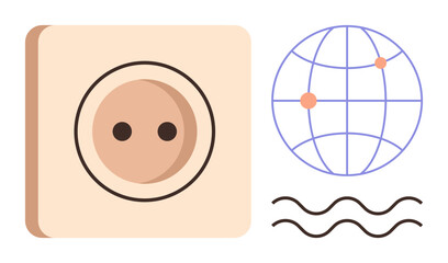 Power outlet next to a minimalistic globe and wave lines, suggesting energy flow, global connection, and sustainability. Ideal for electricity, networking, technology, communication, eco-energy
