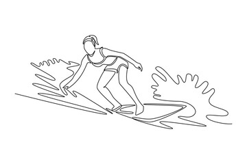 Single continuous line drawing woman surfer athlete on the wave with one hand touching the water. Control, balance, athletic skill, and motion ocean. One line draw graphic design vector illustration