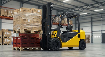 Forklift lifting pallets in a warehouse