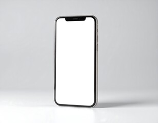 Modern smartphone with blank screen, presented on a plain light gray surface.