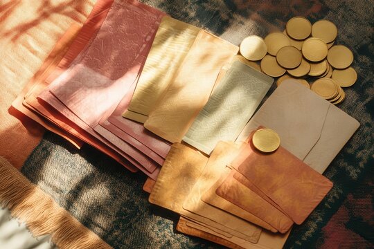 Explore golden Coins and Colorful Papers with Vintage Artistic Composition