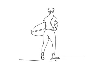 Single continuous line drawing male surfer athlete carrying his board, representing completion of a session and the casual, athletic lifestyle. Dynamic one line draw graphic design vector illustration