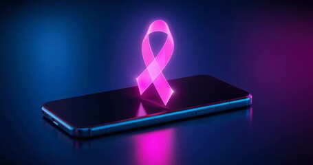 Showing smartphone with glowing pink breast cancer ribbon on mirror table, with blue magenta glow - Powered by Adobe