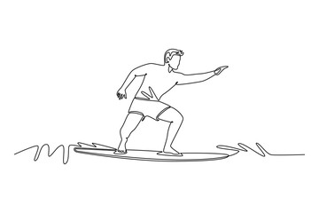 Single one line drawing professional male surfer riding a wave. Representing balance, concentration, and thrilling lifestyle of sports. Modern continuous line draw design graphic vector illustration