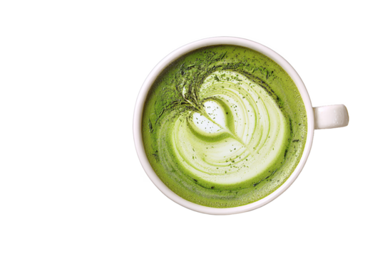 Matcha Latte with Heart Latte Art, Top View, isolated on white transparent background