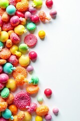 Obraz premium Assortment of colorful candies on pristine white background, variety, close-up