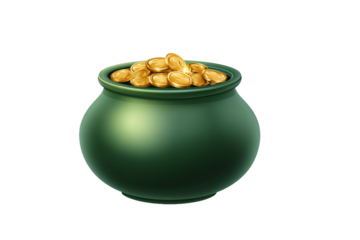 Green Pot of Gold Coins, isolated on white transparent background
