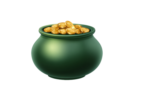 Green Pot of Gold Coins, isolated on white transparent background