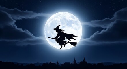Silhouette witch flying broomstick against full moon image