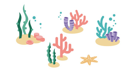 Fototapeta premium Colorful isometric coral reefs and seaweed with starfish in underwater scene