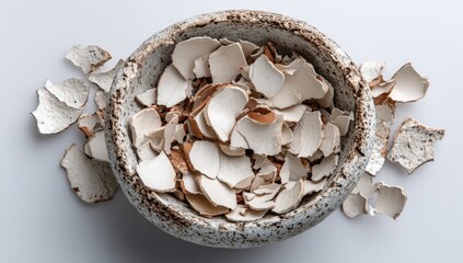 Crushed shell fragments in a shallow, ceramic bowl