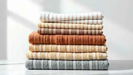 Modern Simplicity: Organized Pile of Soft Towels in Earthy and Pastel Hues