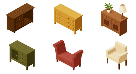 Fototapeta premium Isometric furniture set featuring modern tables, dressers, and chairs