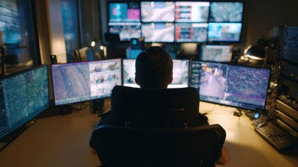 Medium shot of an operator configuring hallucination detection tools on multiple screens with peripheral equipment and walls softly unfocused.