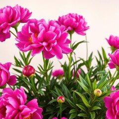 Fototapeta premium Vibrant magenta peonies fill the frame, lush blooms against a soft background, flowers, art
