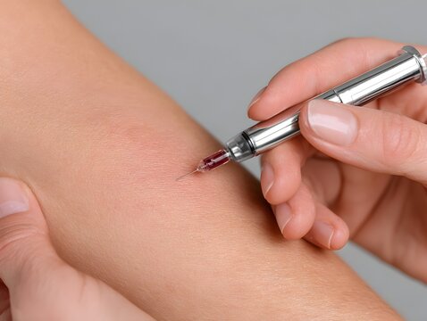 Blood is being drawn with a sye from a patient's arm by a medical professional in a laboratory setting.
