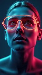 Neon glasses illuminating intense gaze in futuristic portrait for April Fools' Day.