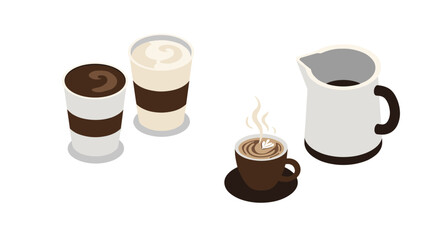 Isometric coffee set with cappuccino, latte, espresso, and jug on white background