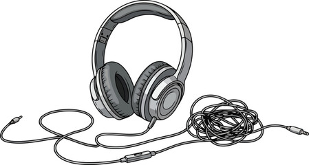 gray headphones with tangled cord detailed illustration of audio device