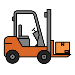Flat vector illustration of an orange forklift carrying a package, symbolizing warehouse operations, cargo handling, and logistics