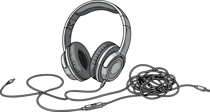gray headphones with tangled cord detailed illustration of audio device