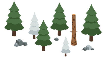 Fototapeta premium Isometric evergreen forest with pine and fir trees in winter setting