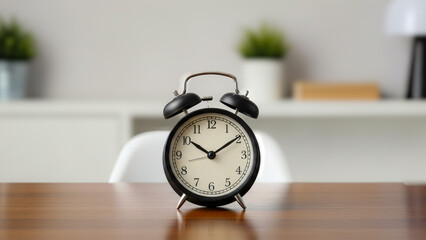 A classic black analog alarm clock with a white face sits on a modern wooden desk, with a blurred background of a tidy home office setting.

