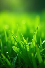 Fresh green grass blades glistening with a morning dewdrop , morning, shadow