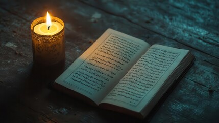 candle illuminates the open book on a wooden Table in Twilight Ambiance