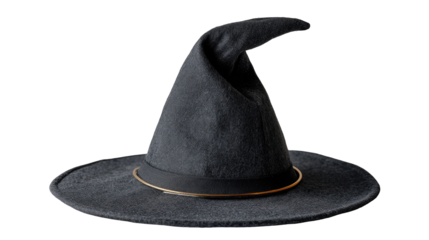 Dark witch hat, pointed crown, wide brim