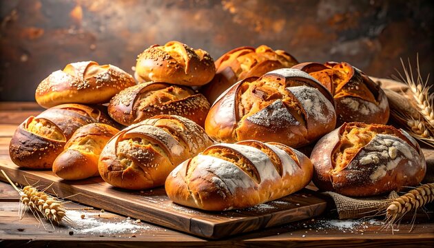 A delightful array of freshly baked breads, showcasing diverse shapes and textures, sits attractively arranged on a rustic wooden board, bathed in warm light.