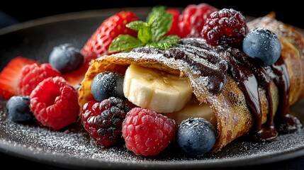 Delicious crepe filled with fresh berries, banana slices, and chocolate syrup dusted with powdered sugar.