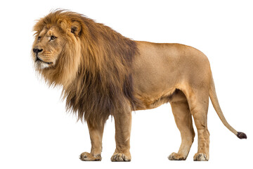 Obraz premium Majestic male lion standing in profile with full mane, isolated on white transparent background