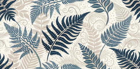 Elegant navy fern pattern with subtle beige botanical details creates a sophisticated natural aesthetic.