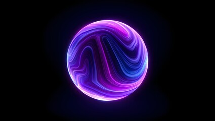 Blue and purple neon 3d sphere of gradient waves and glowing particles. Abstract technology concept, Artificial Intelligence, engineering, big data, and innovations. Vibrant futuristic sphere.